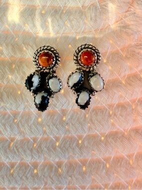 Native handmade stamped925 Sterling Silver White Buffalo and Orange Mojave Studs